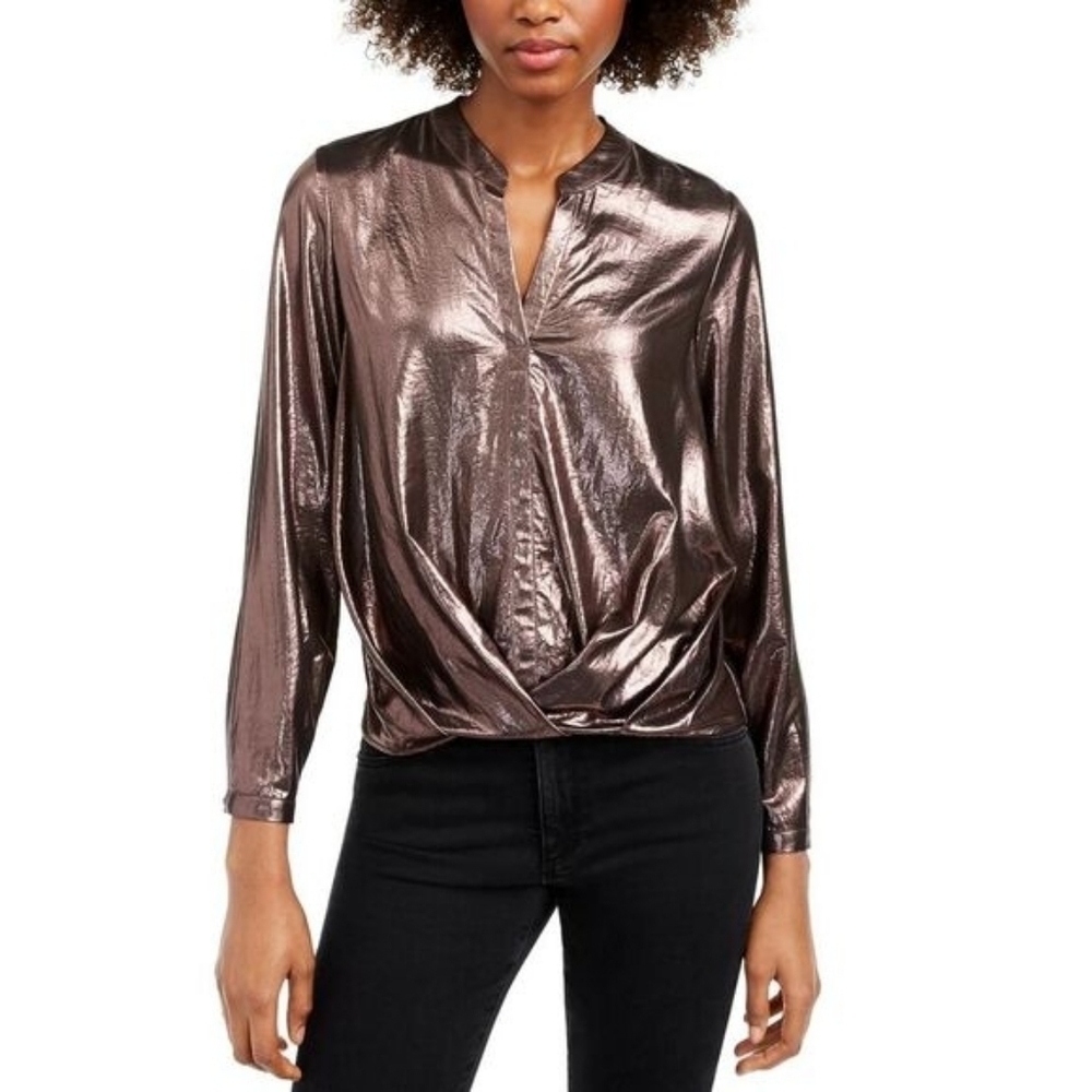 Current Air Women's Metallic Twist-Hem Top Rustcopper Size Small